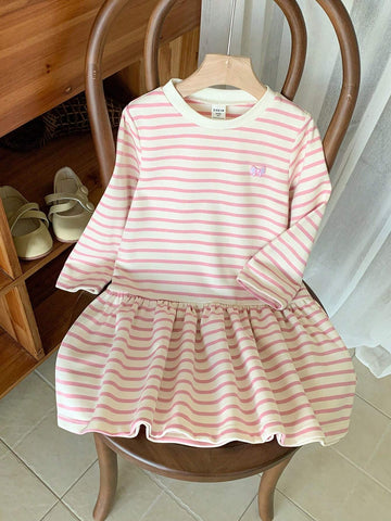 Young Girls Elegant French Style Red & White Striped Embroidered Loose Long Sleeve Dress, Autumn/Winter