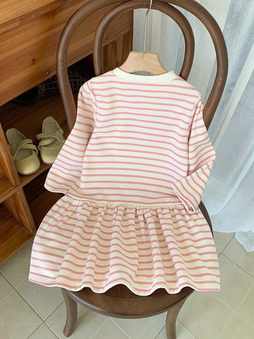 Young Girls Elegant French Style Red & White Striped Embroidered Loose Long Sleeve Dress, Autumn/Winter