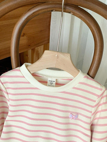 Young Girls Elegant French Style Red & White Striped Embroidered Loose Long Sleeve Dress, Autumn/Winter