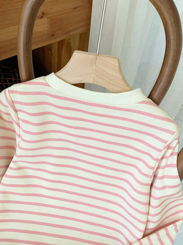 Young Girls Elegant French Style Red & White Striped Embroidered Loose Long Sleeve Dress, Autumn/Winter