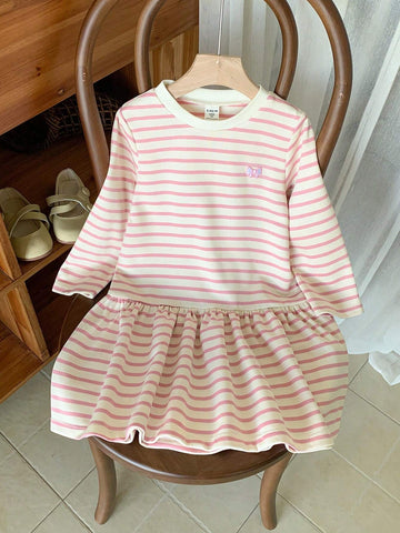 Young Girls Elegant French Style Red & White Striped Embroidered Loose Long Sleeve Dress, Autumn/Winter