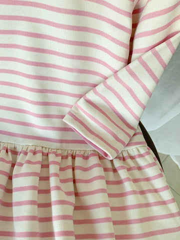 Young Girls Elegant French Style Red & White Striped Embroidered Loose Long Sleeve Dress, Autumn/Winter
