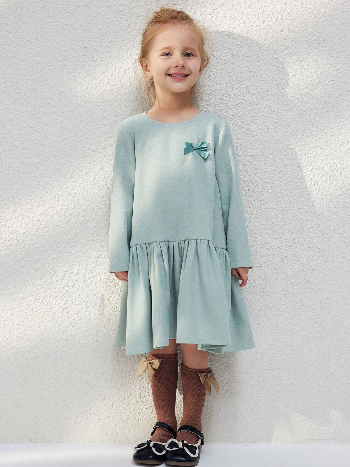Young Girls Elegant Green Color Bowknot Loose Crew Neck Long Sleeve Woven Dress, Autumn Winter