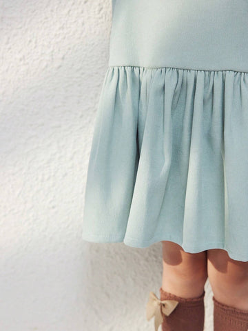 Young Girls Elegant Green Color Bowknot Loose Crew Neck Long Sleeve Woven Dress, Autumn Winter