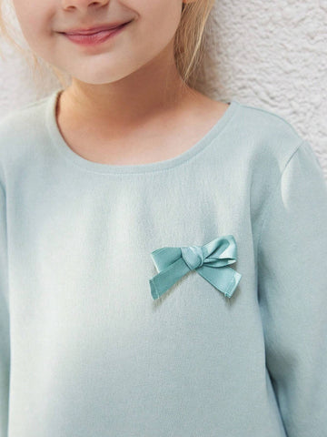 Young Girls Elegant Green Color Bowknot Loose Crew Neck Long Sleeve Woven Dress, Autumn Winter