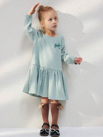 Young Girls Elegant Green Color Bowknot Loose Crew Neck Long Sleeve Woven Dress, Autumn Winter
