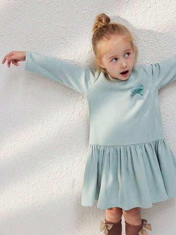 Young Girls Elegant Green Color Bowknot Loose Crew Neck Long Sleeve Woven Dress, Autumn Winter