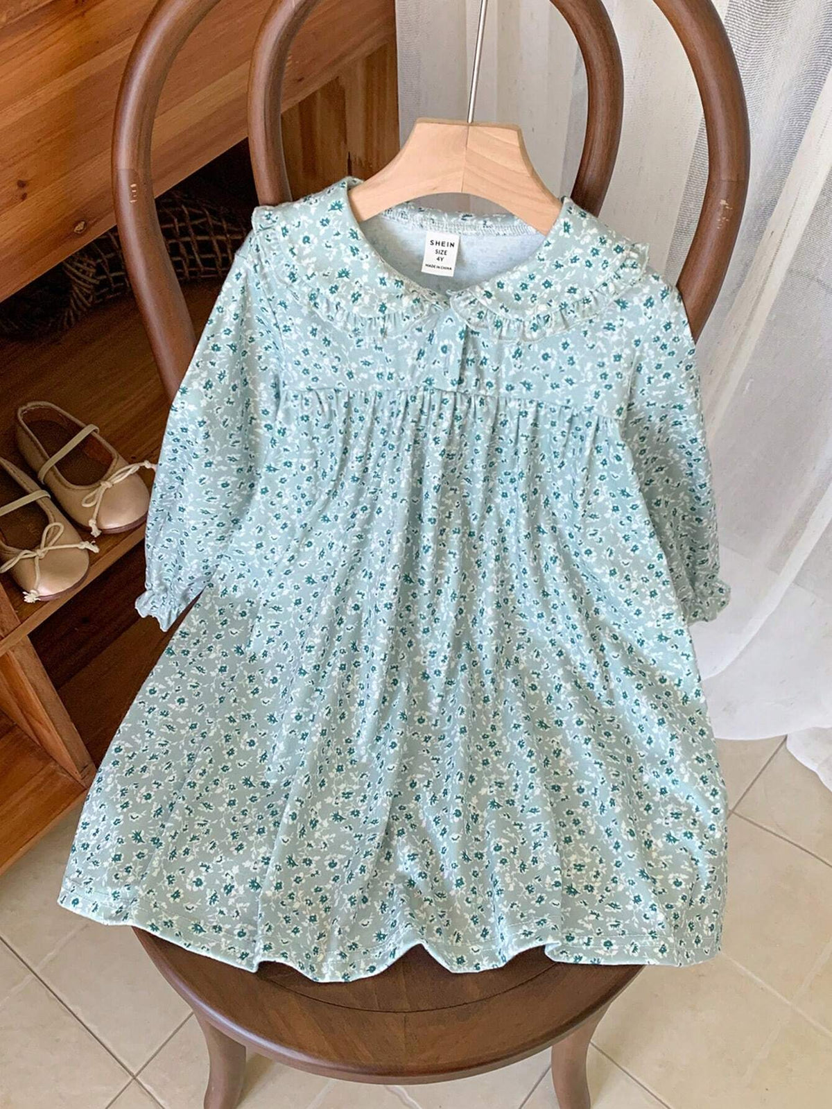 Young Girls Elegant Green Floral Lace Trim Loose Long Sleeve Woven Dress, Autumn/Winter