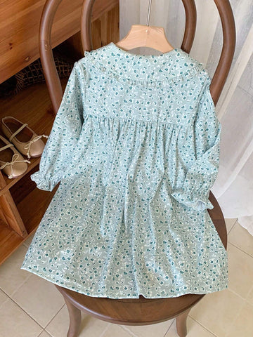 Young Girls Elegant Green Floral Lace Trim Loose Long Sleeve Woven Dress, Autumn/Winter