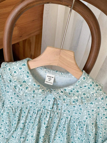 Young Girls Elegant Green Floral Lace Trim Loose Long Sleeve Woven Dress, Autumn/Winter