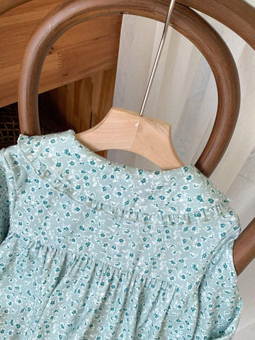 Young Girls Elegant Green Floral Lace Trim Loose Long Sleeve Woven Dress, Autumn/Winter