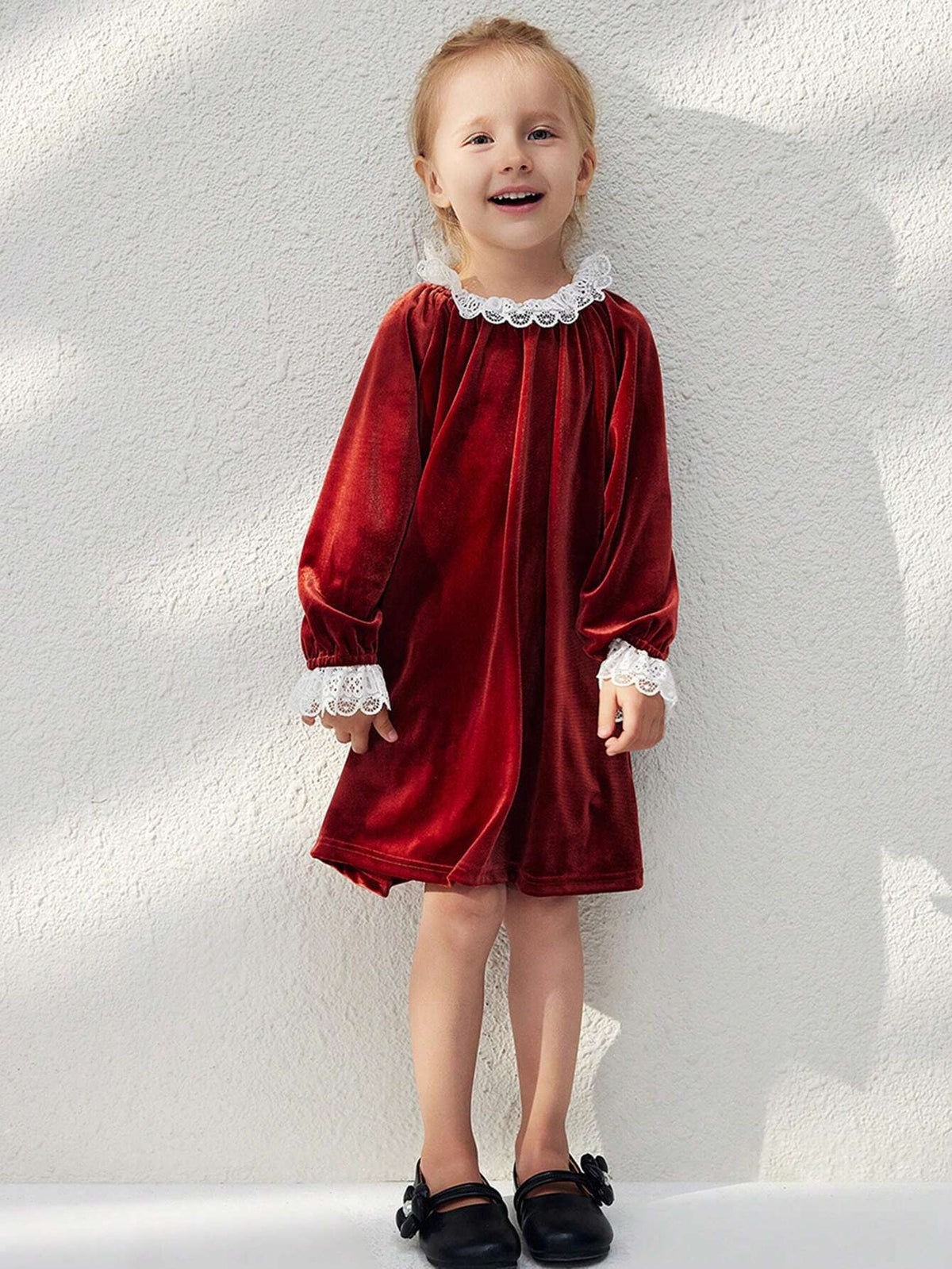 Blossori Blossori Young Girls' Elegant Red Floral Patchwork Loose Long Sleeve Woven Dress, Fall/Winter