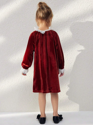 Blossori Blossori Young Girls' Elegant Red Floral Patchwork Loose Long Sleeve Woven Dress, Fall/Winter