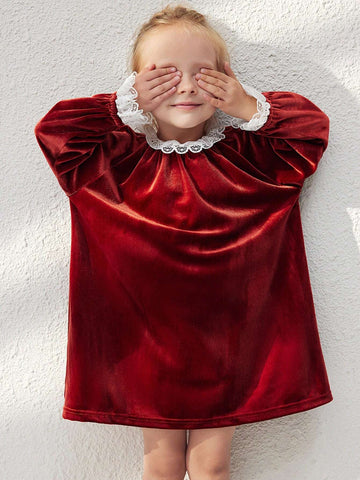 Blossori Blossori Young Girls' Elegant Red Floral Patchwork Loose Long Sleeve Woven Dress, Fall/Winter