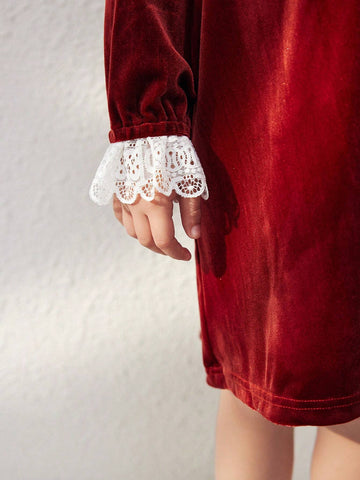 Blossori Blossori Young Girls' Elegant Red Floral Patchwork Loose Long Sleeve Woven Dress, Fall/Winter