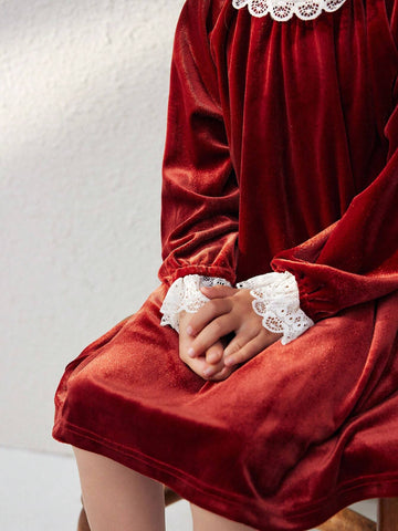 Blossori Blossori Young Girls' Elegant Red Floral Patchwork Loose Long Sleeve Woven Dress, Fall/Winter