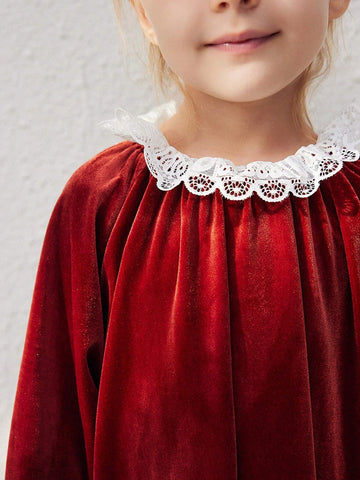 Blossori Blossori Young Girls' Elegant Red Floral Patchwork Loose Long Sleeve Woven Dress, Fall/Winter