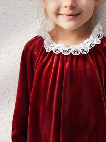 Blossori Blossori Young Girls' Elegant Red Floral Patchwork Loose Long Sleeve Woven Dress, Fall/Winter