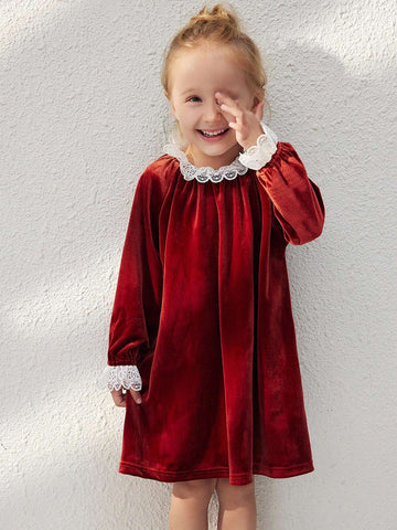 Blossori Blossori Young Girls' Elegant Red Floral Patchwork Loose Long Sleeve Woven Dress, Fall/Winter