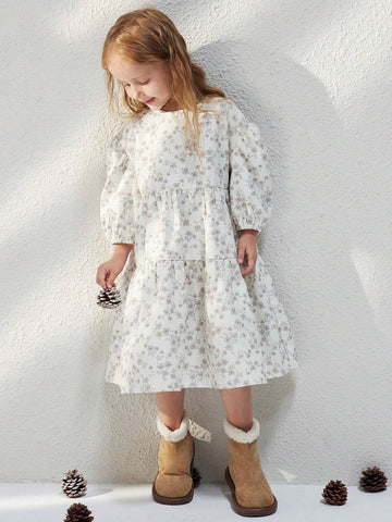 Young Girls French Style Elegant Beige Ditsy Floral Loose Long Sleeve Dress, Autumn/Winter