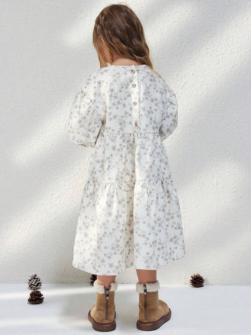 Young Girls French Style Elegant Beige Ditsy Floral Loose Long Sleeve Dress, Autumn/Winter