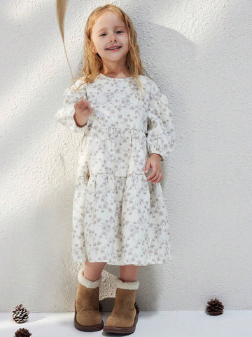 Young Girls French Style Elegant Beige Ditsy Floral Loose Long Sleeve Dress, Autumn/Winter