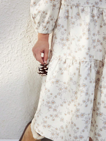 Young Girls French Style Elegant Beige Ditsy Floral Loose Long Sleeve Dress, Autumn/Winter