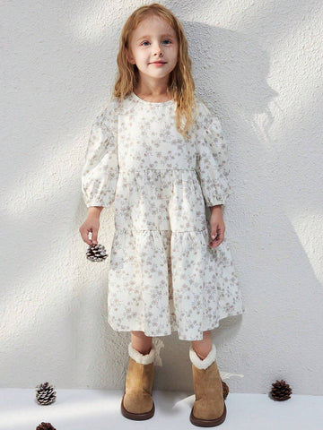 Young Girls French Style Elegant Beige Ditsy Floral Loose Long Sleeve Dress, Autumn/Winter