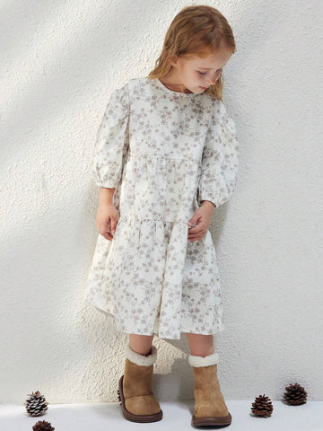 Young Girls French Style Elegant Beige Ditsy Floral Loose Long Sleeve Dress, Autumn/Winter