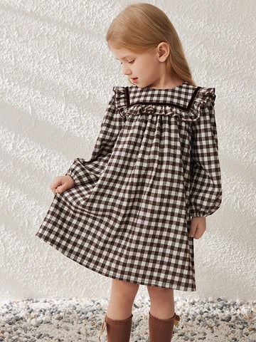 Blossori Coffee-Color French Elegant Plaid Pattern Wide Loose Round Neck Ruffle Hem Dress For Young Girls, Autumn/Winter