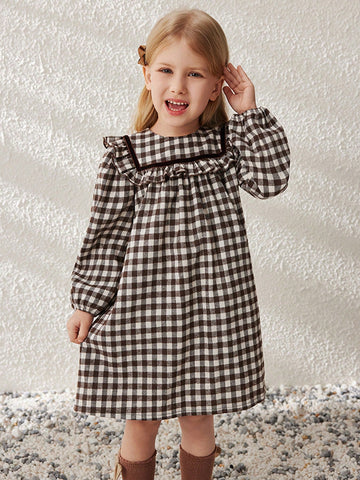 Blossori Coffee-Color French Elegant Plaid Pattern Wide Loose Round Neck Ruffle Hem Dress For Young Girls, Autumn/Winter