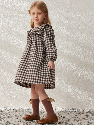 Blossori Coffee-Color French Elegant Plaid Pattern Wide Loose Round Neck Ruffle Hem Dress For Young Girls, Autumn/Winter