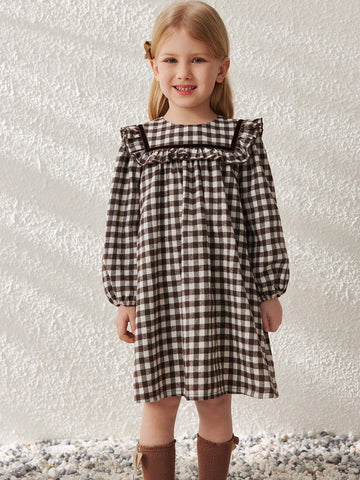 Blossori Coffee-Color French Elegant Plaid Pattern Wide Loose Round Neck Ruffle Hem Dress For Young Girls, Autumn/Winter
