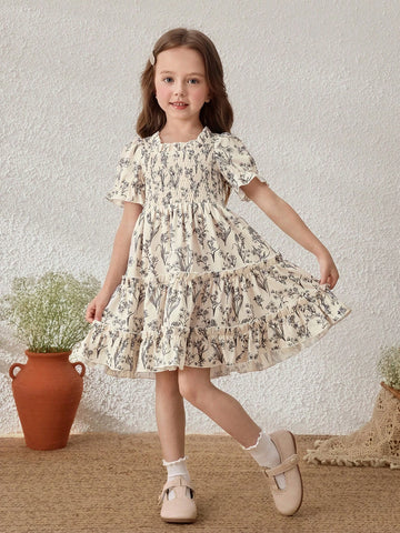 Girls Ditsy Floral Ruffle Sleeve A-Line Sundress