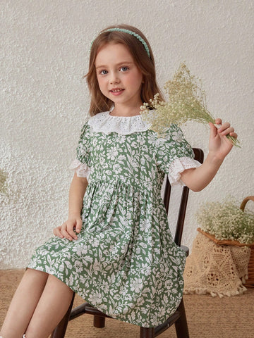 Green Floral Print Collar Dress For Young Girls