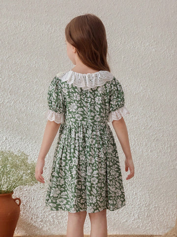 Green Floral Print Collar Dress For Young Girls