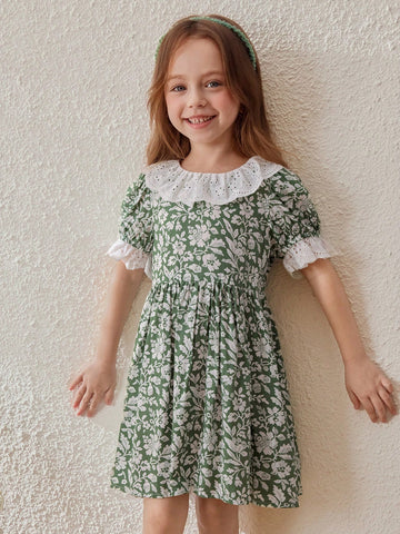Green Floral Print Collar Dress For Young Girls