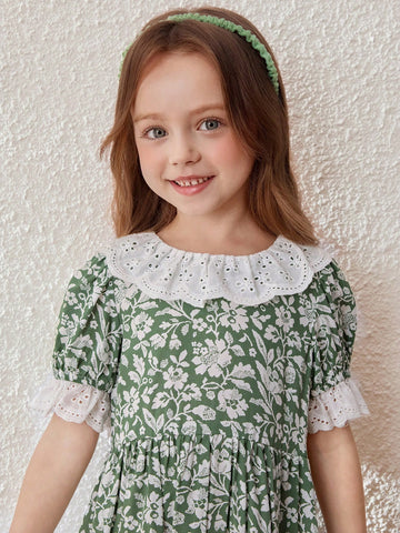Green Floral Print Collar Dress For Young Girls