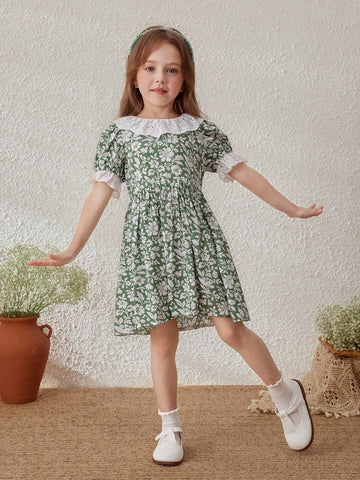 Green Floral Print Collar Dress For Young Girls