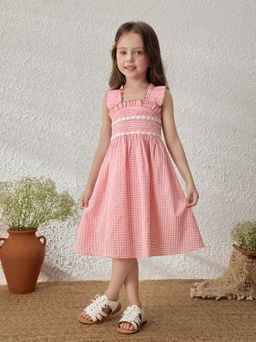 Pink Plaid Sleeveless Casual Dress For Young Girl