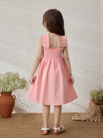 Pink Plaid Sleeveless Casual Dress For Young Girl