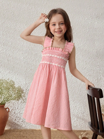 Pink Plaid Sleeveless Casual Dress For Young Girl