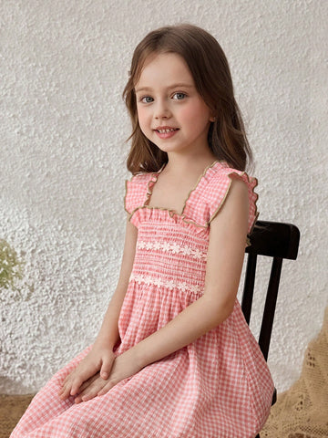 Pink Plaid Sleeveless Casual Dress For Young Girl