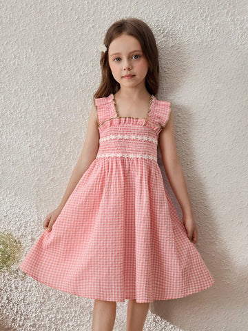 Pink Plaid Sleeveless Casual Dress For Young Girl