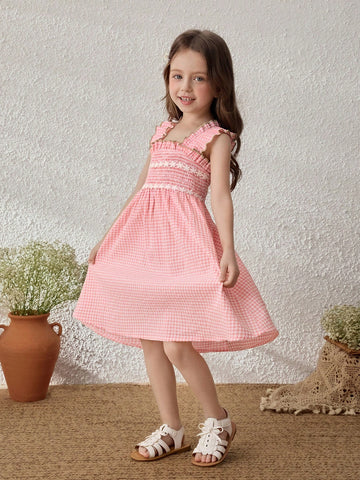 Pink Plaid Sleeveless Casual Dress For Young Girl
