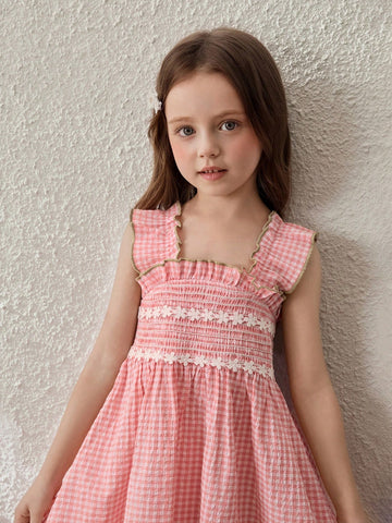 Pink Plaid Sleeveless Casual Dress For Young Girl