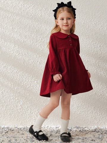 Blossori Red Woven Loose Lapel Front Button Young Girls Dress