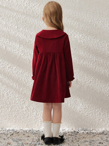 Blossori Red Woven Loose Lapel Front Button Young Girls Dress