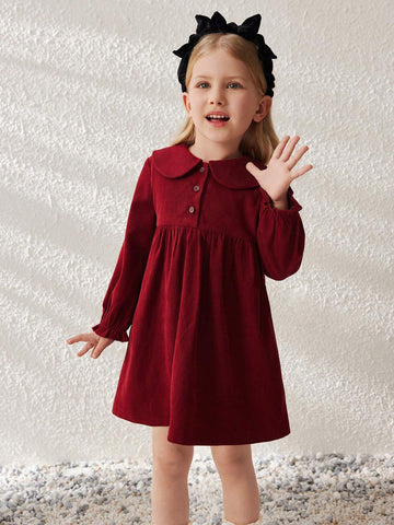 Blossori Red Woven Loose Lapel Front Button Young Girls Dress