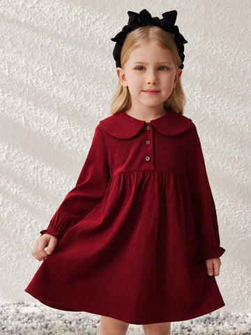 Blossori Red Woven Loose Lapel Front Button Young Girls Dress